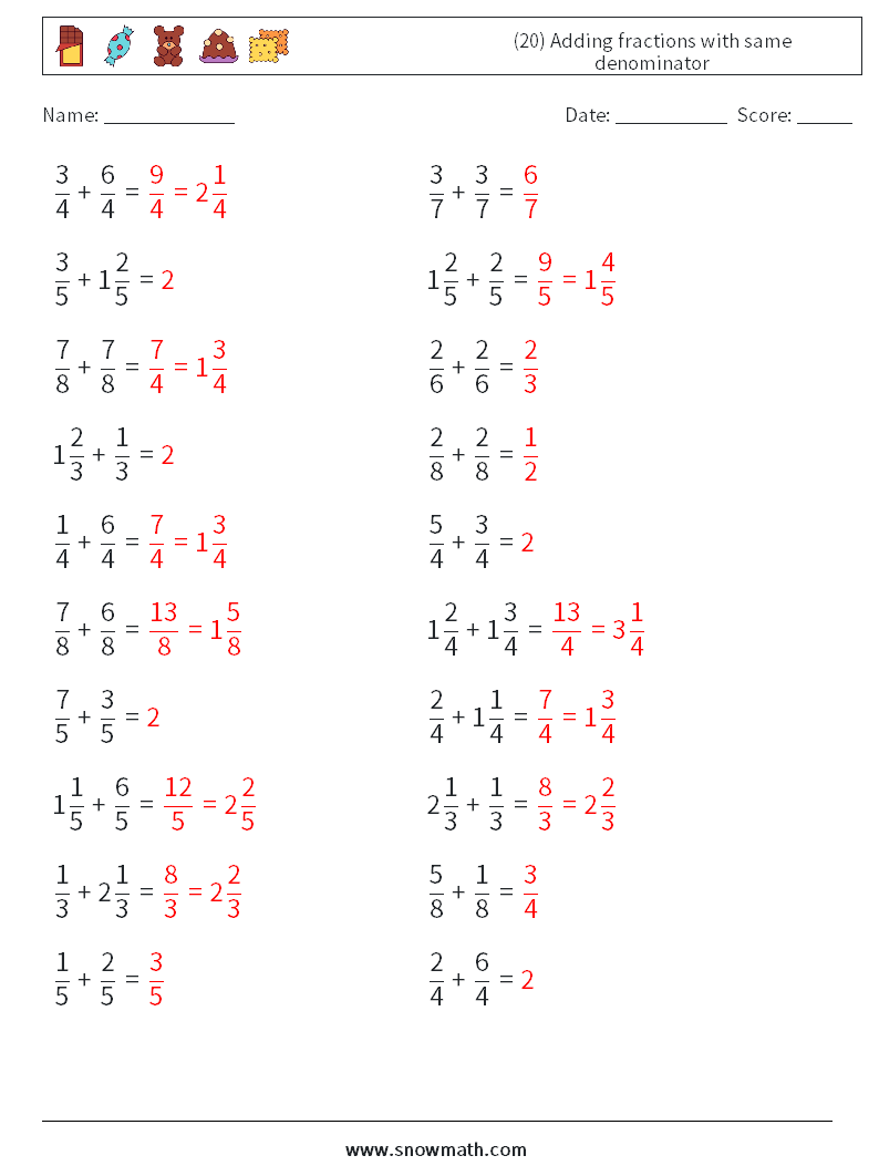 (20) Adding fractions with same denominator Math Worksheets 8 Question, Answer