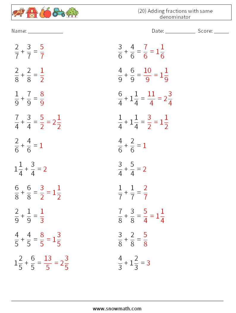 (20) Adding fractions with same denominator Math Worksheets 9 Question, Answer