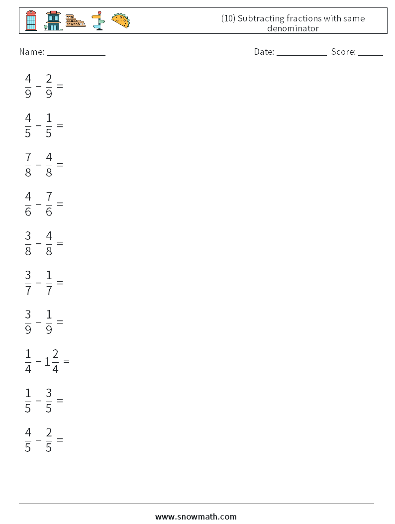 (10) Subtracting fractions with same denominator