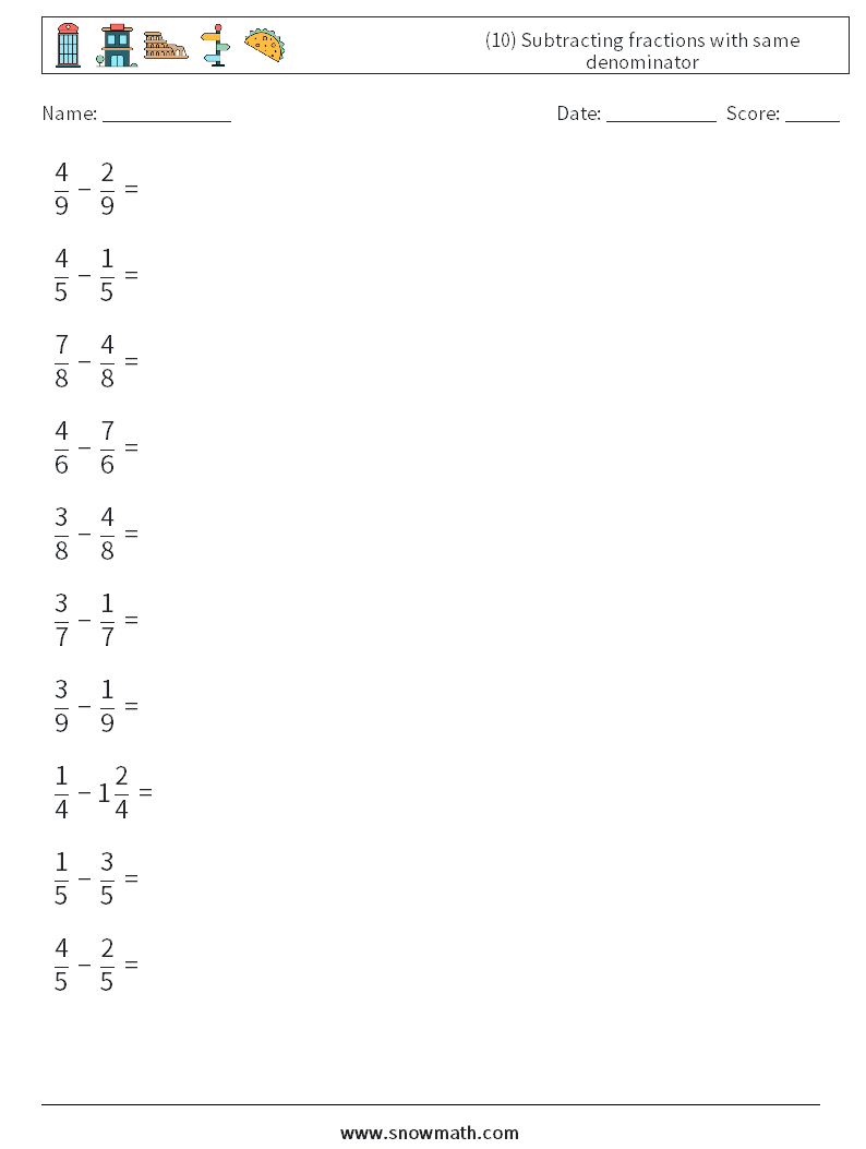 (10) Subtracting fractions with same denominator Math Worksheets 1