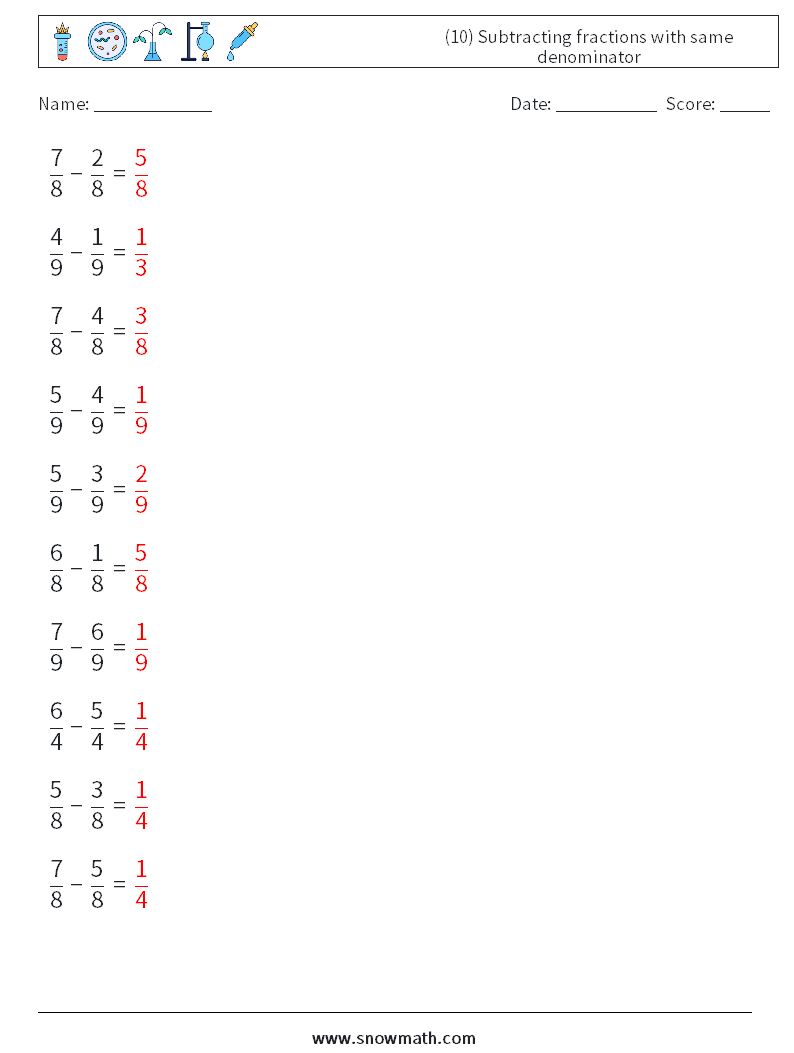 (10) Subtracting fractions with same denominator Math Worksheets 10 Question, Answer