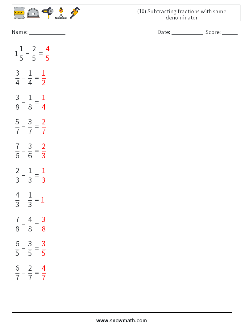 (10) Subtracting fractions with same denominator Math Worksheets 11 Question, Answer
