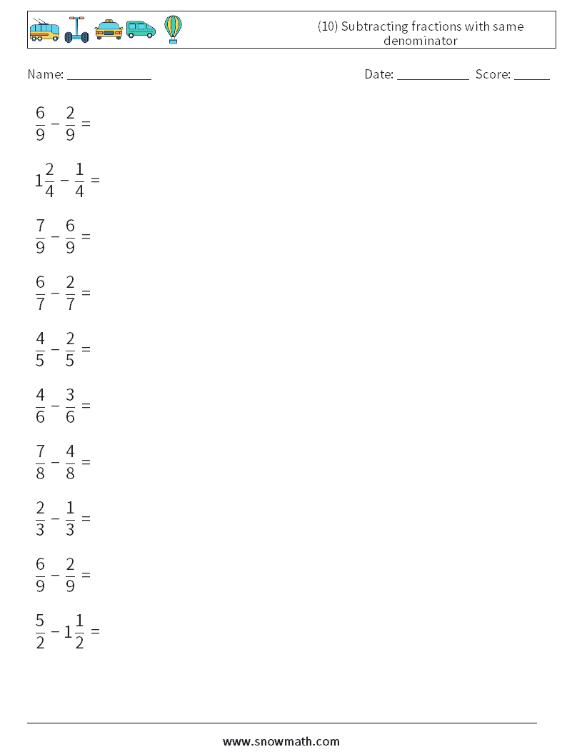 (10) Subtracting fractions with same denominator Math Worksheets 12