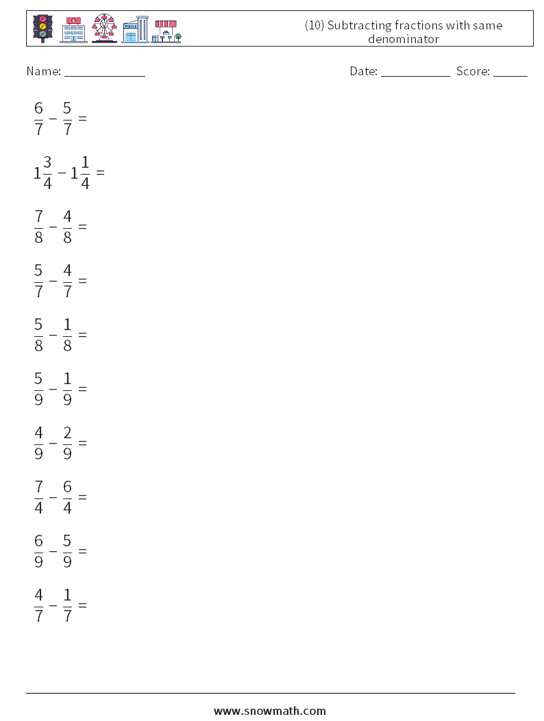 (10) Subtracting fractions with same denominator Maths Worksheets 13