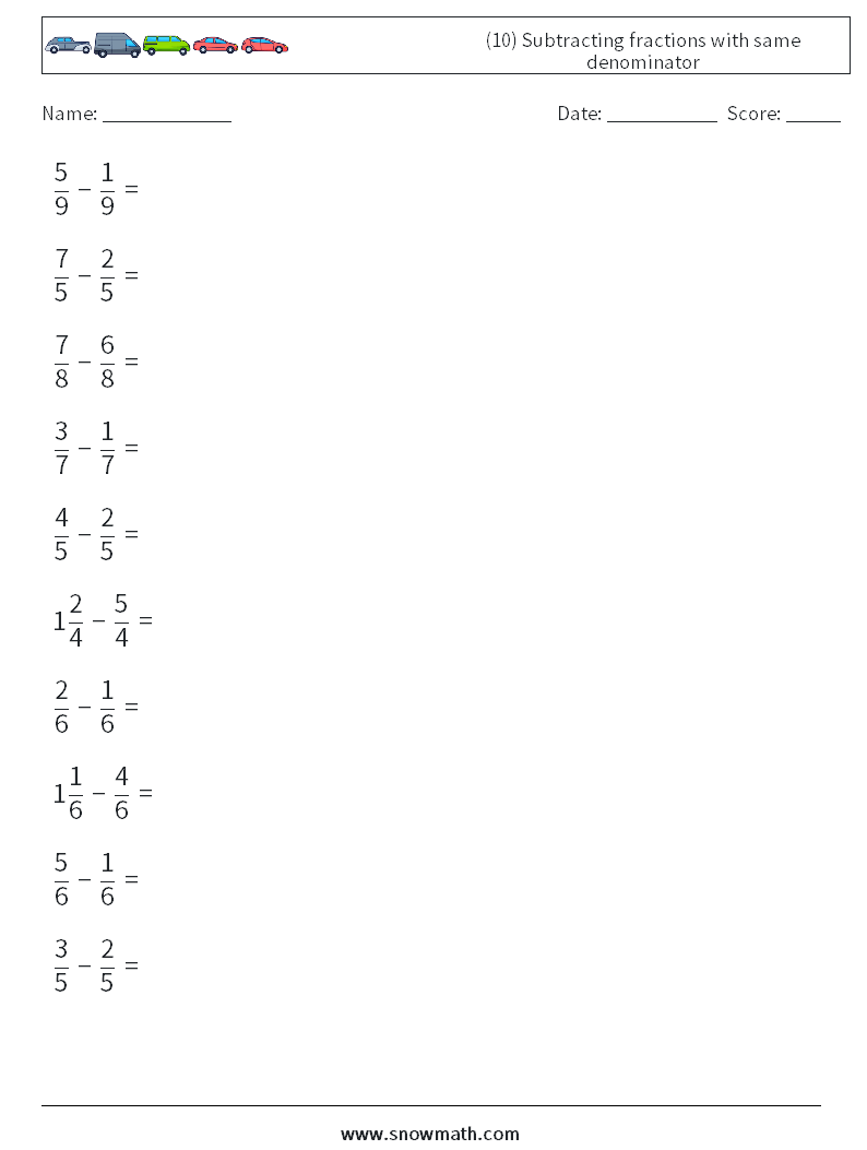 (10) Subtracting fractions with same denominator Maths Worksheets 14