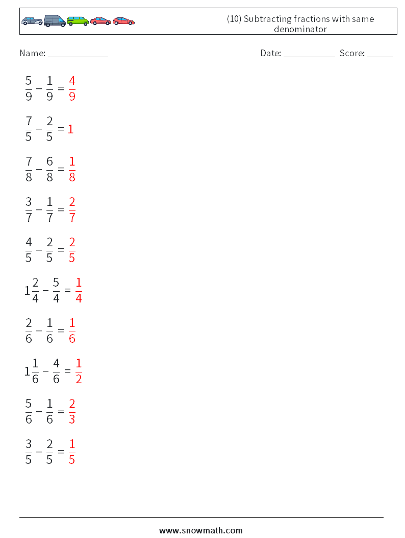 (10) Subtracting fractions with same denominator Math Worksheets 14 Question, Answer