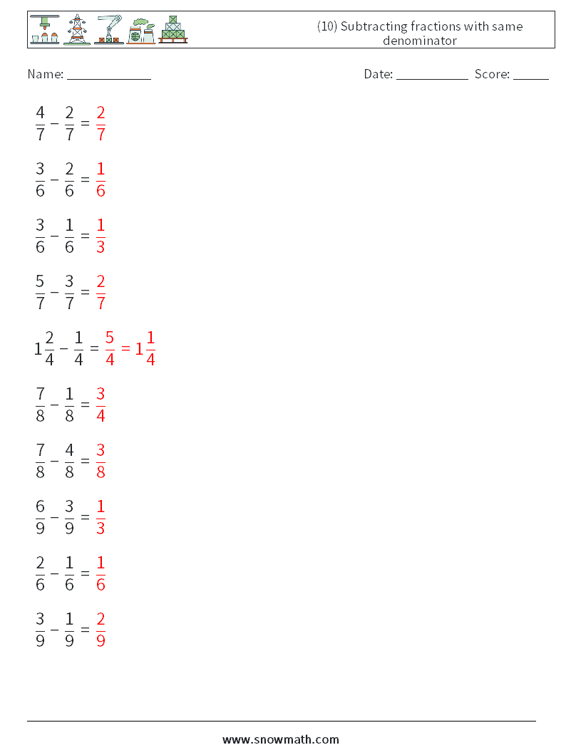 (10) Subtracting fractions with same denominator Math Worksheets 15 Question, Answer