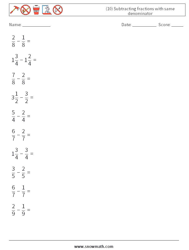 (10) Subtracting fractions with same denominator Math Worksheets 16