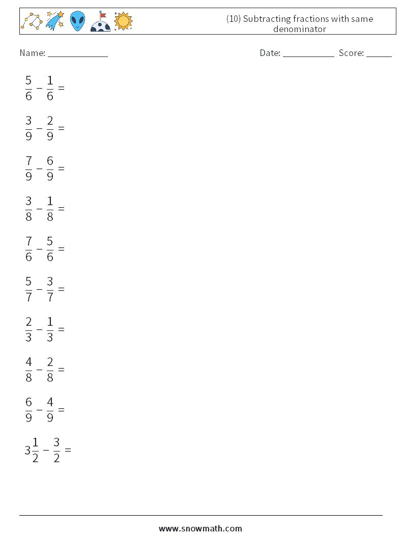 (10) Subtracting fractions with same denominator Maths Worksheets 17