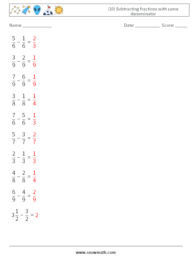 (10) Subtracting fractions with same denominator Math Worksheets 17 Question, Answer