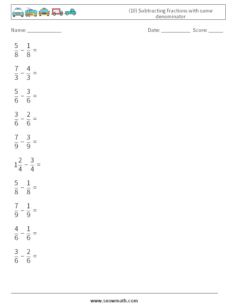 (10) Subtracting fractions with same denominator Math Worksheets 18