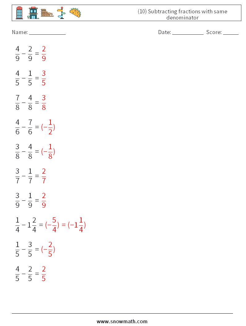 (10) Subtracting fractions with same denominator Math Worksheets 1 Question, Answer