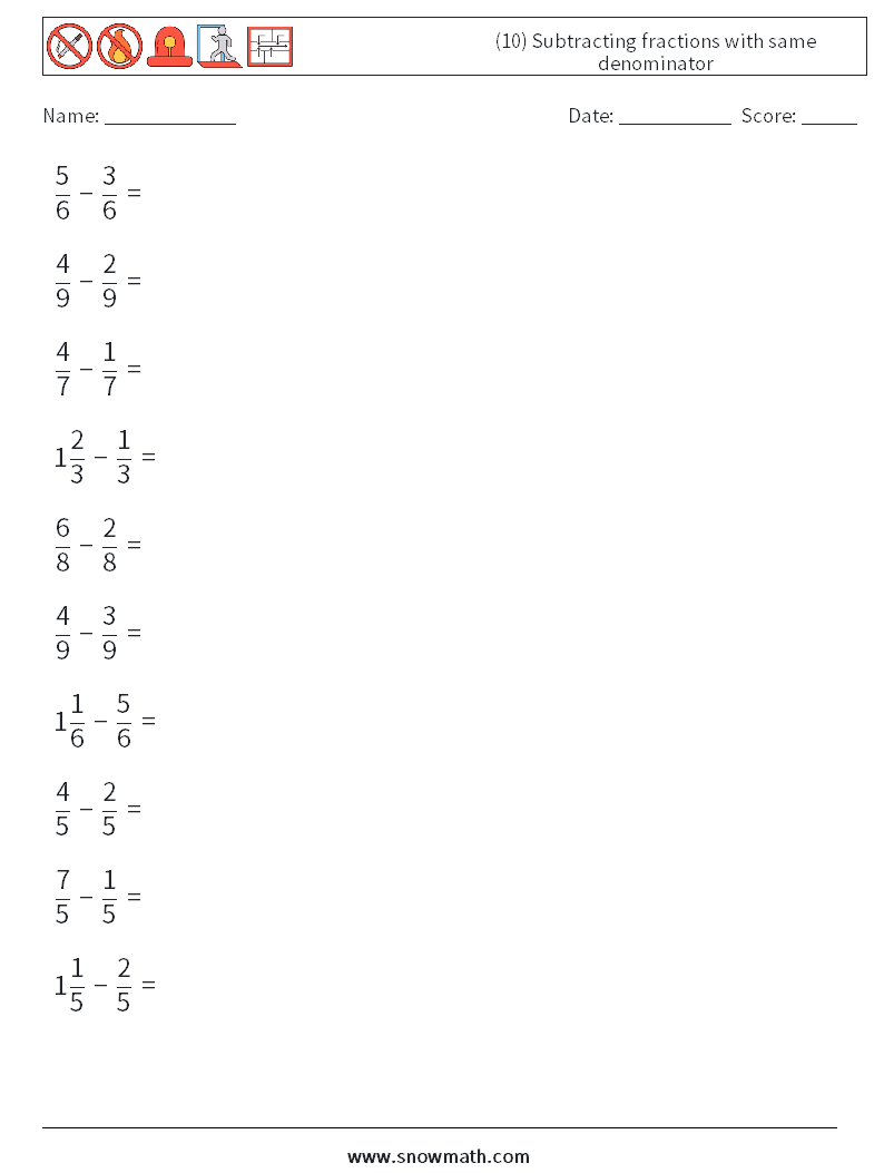 (10) Subtracting fractions with same denominator Math Worksheets 2