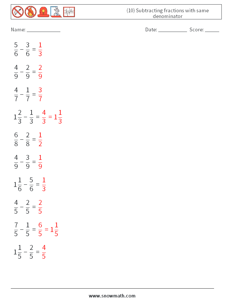 (10) Subtracting fractions with same denominator Math Worksheets 2 Question, Answer