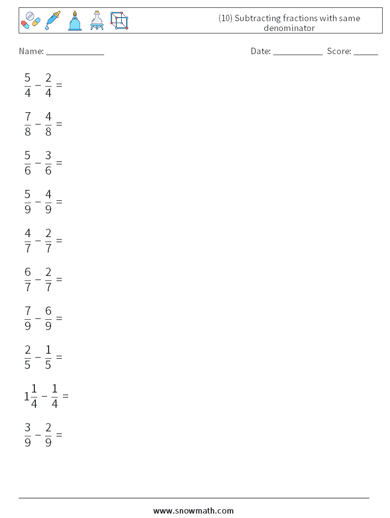(10) Subtracting fractions with same denominator Math Worksheets 3