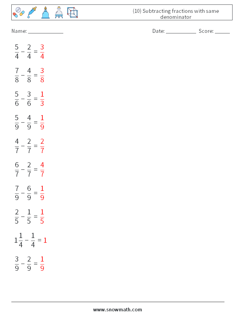 (10) Subtracting fractions with same denominator Math Worksheets 3 Question, Answer