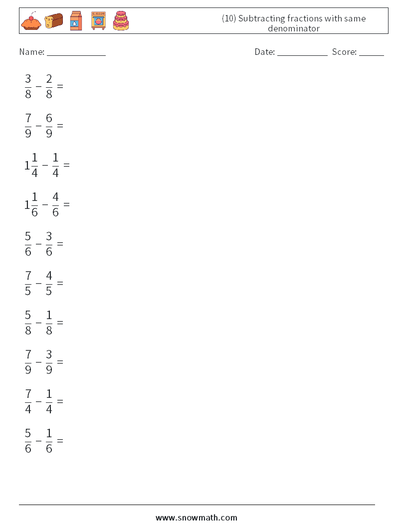(10) Subtracting fractions with same denominator Math Worksheets 4