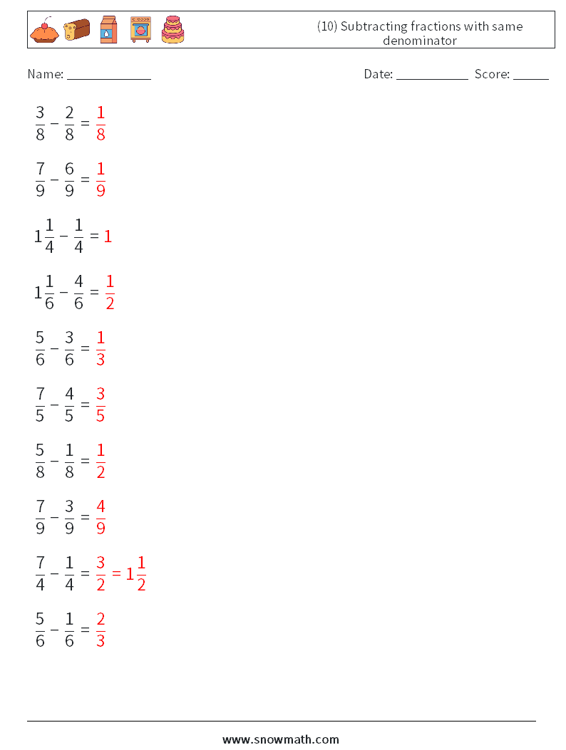 (10) Subtracting fractions with same denominator Math Worksheets 4 Question, Answer