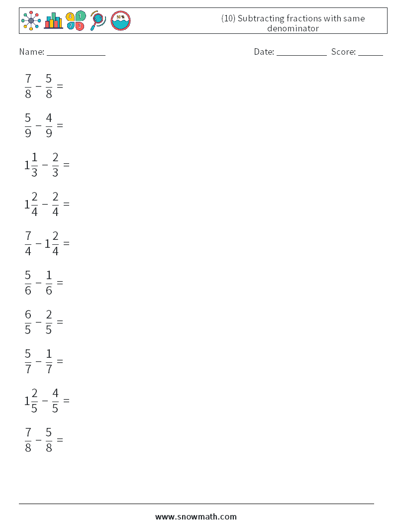 (10) Subtracting fractions with same denominator Math Worksheets 5