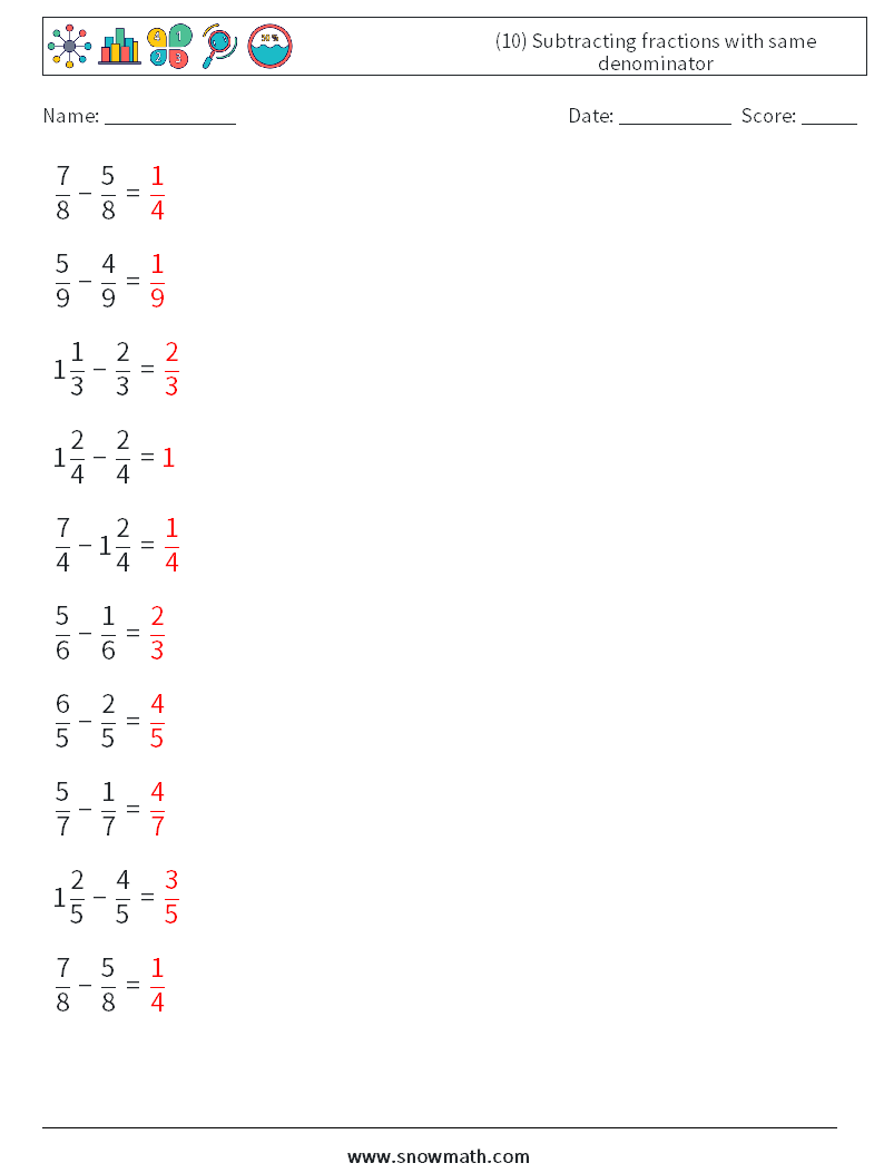 (10) Subtracting fractions with same denominator Math Worksheets 5 Question, Answer