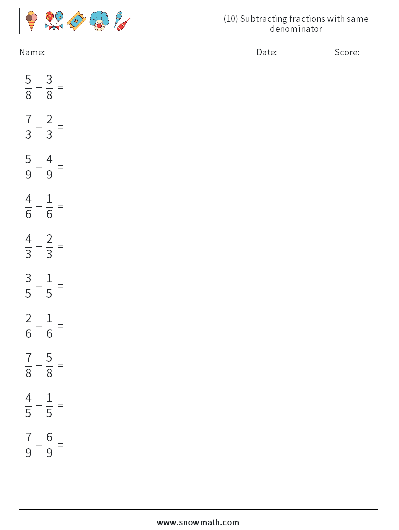 (10) Subtracting fractions with same denominator Maths Worksheets 6