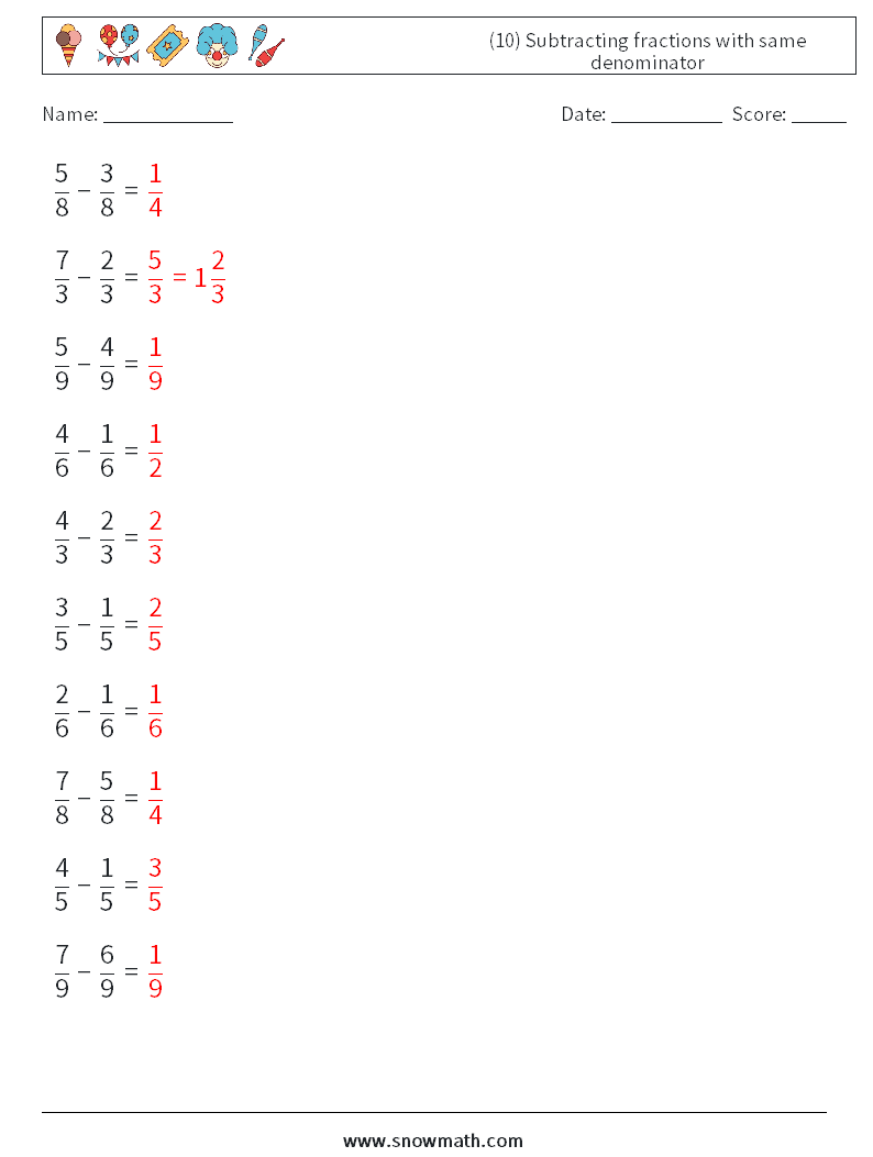 (10) Subtracting fractions with same denominator Math Worksheets 6 Question, Answer