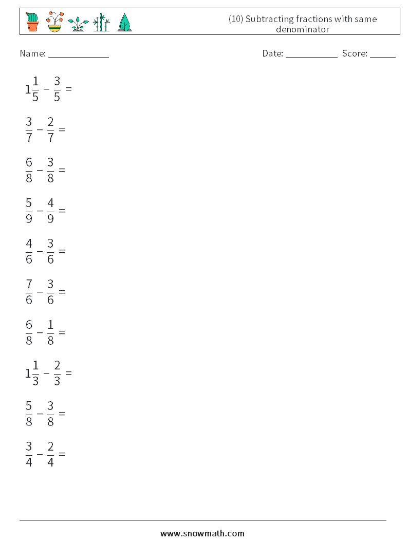 (10) Subtracting fractions with same denominator Maths Worksheets 7