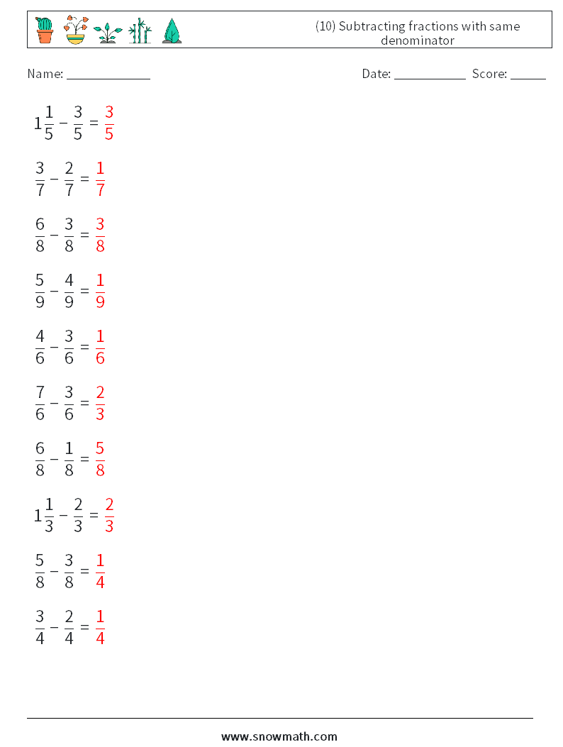 (10) Subtracting fractions with same denominator Math Worksheets 7 Question, Answer