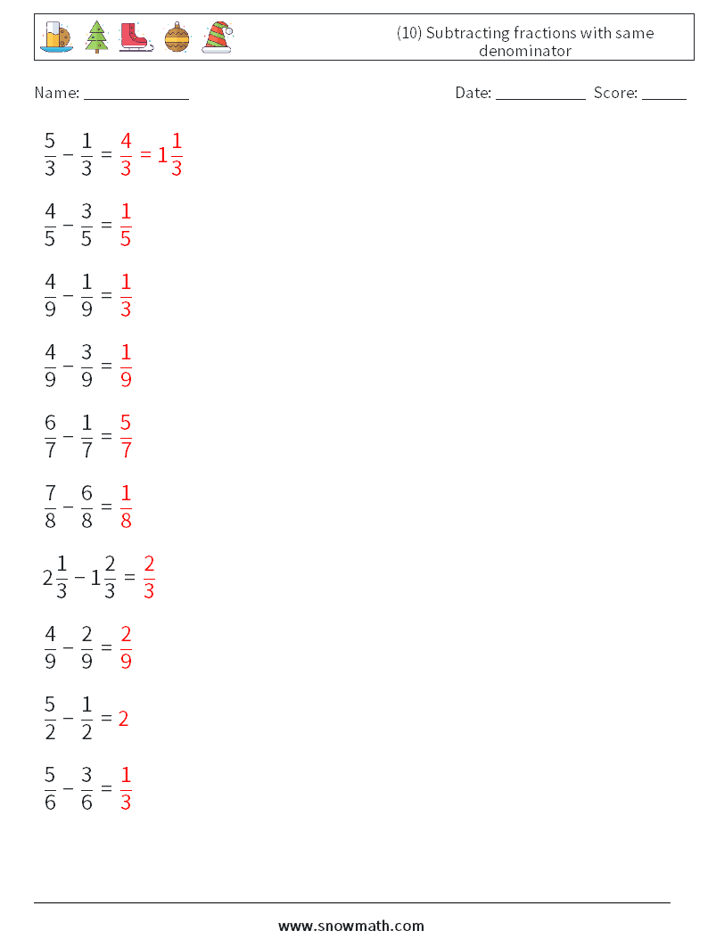 (10) Subtracting fractions with same denominator Math Worksheets 8 Question, Answer
