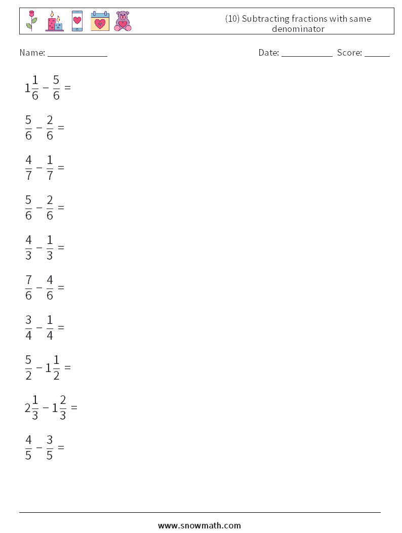 (10) Subtracting fractions with same denominator Maths Worksheets 9