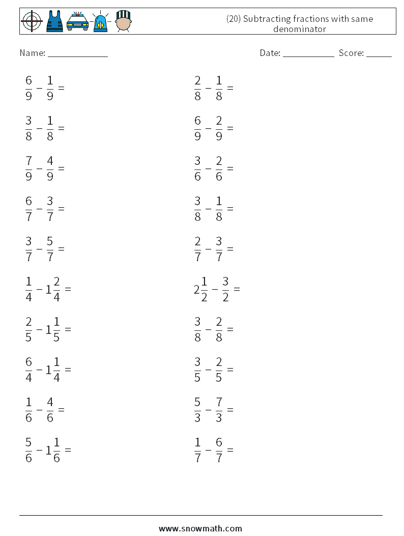 (20) Subtracting fractions with same denominator Math Worksheets 1