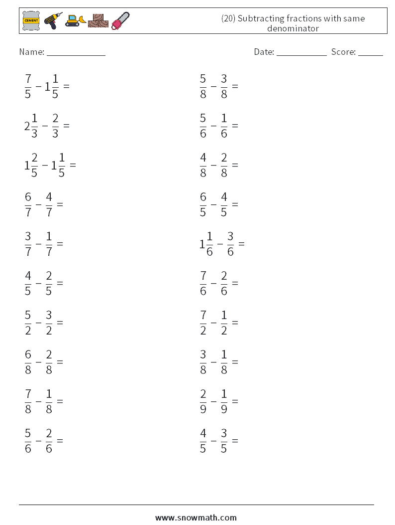 (20) Subtracting fractions with same denominator Maths Worksheets 10