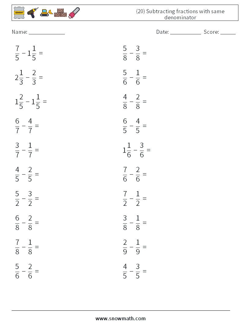 (20) Subtracting fractions with same denominator Math Worksheets 10