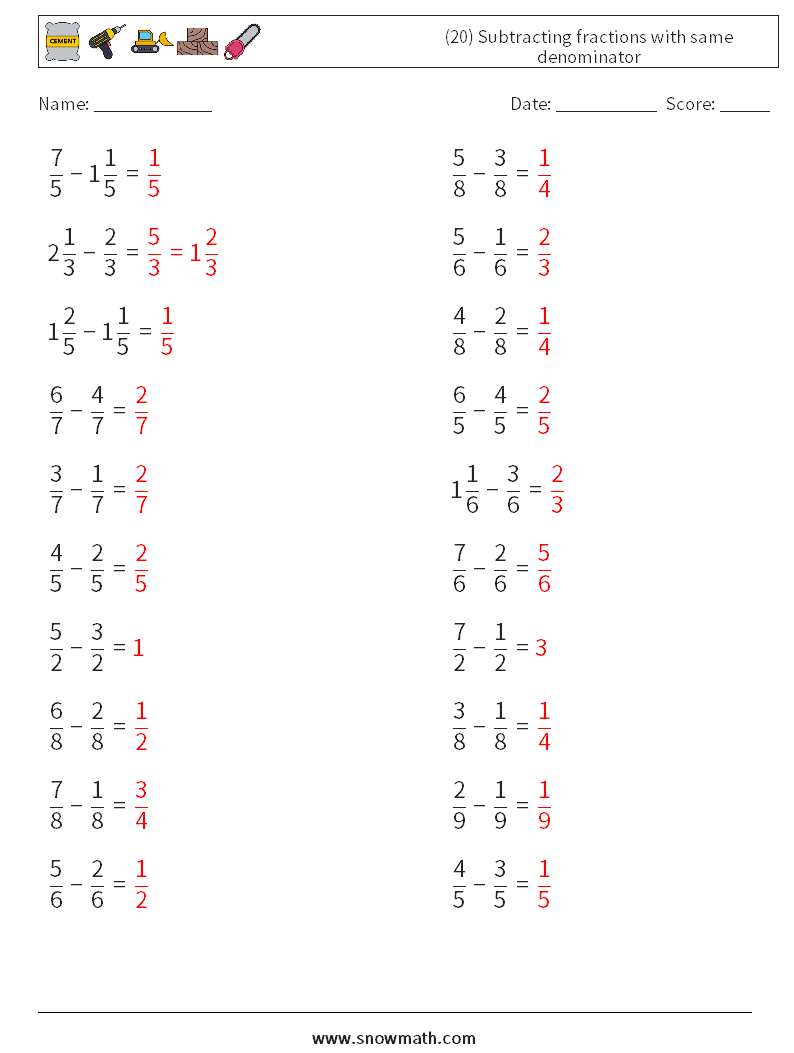 (20) Subtracting fractions with same denominator Math Worksheets 10 Question, Answer