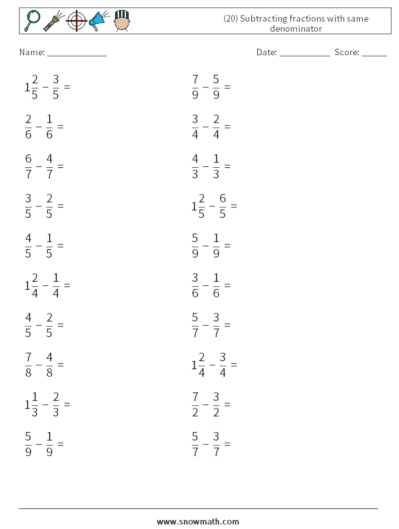 (20) Subtracting fractions with same denominator Maths Worksheets 11
