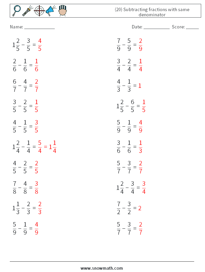 (20) Subtracting fractions with same denominator Math Worksheets 11 Question, Answer