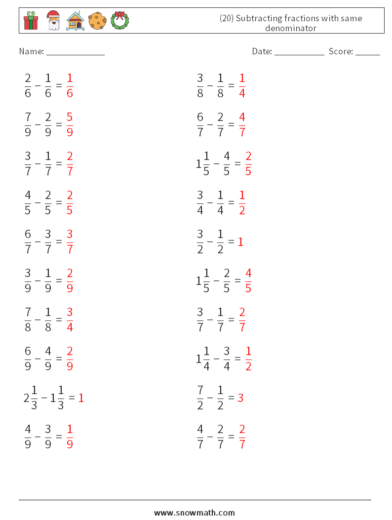 (20) Subtracting fractions with same denominator Math Worksheets 12 Question, Answer