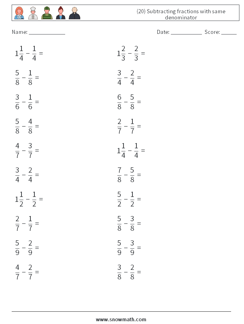 (20) Subtracting fractions with same denominator Maths Worksheets 13