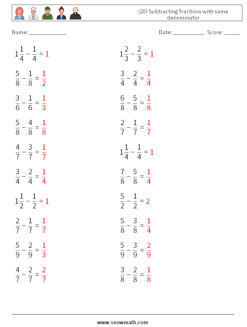 (20) Subtracting fractions with same denominator Math Worksheets 13 Question, Answer