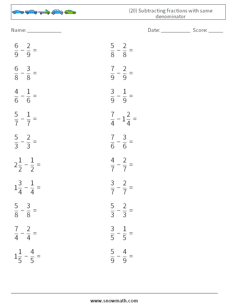 (20) Subtracting fractions with same denominator Math Worksheets 14