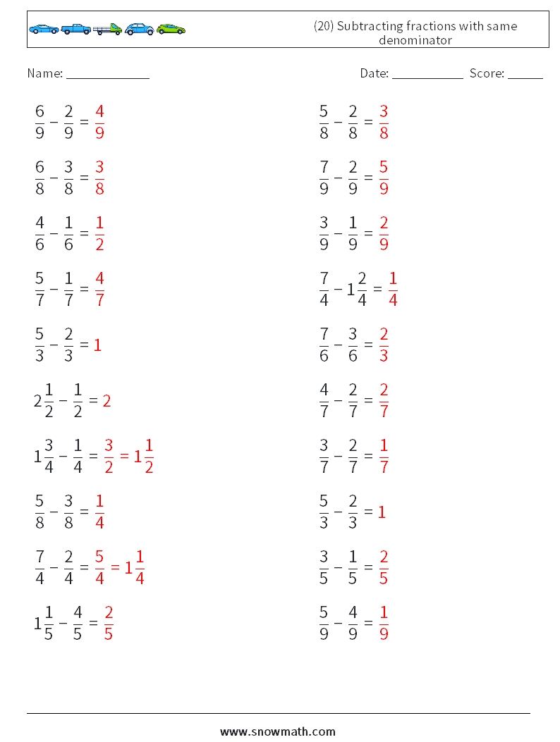 (20) Subtracting fractions with same denominator Math Worksheets 14 Question, Answer