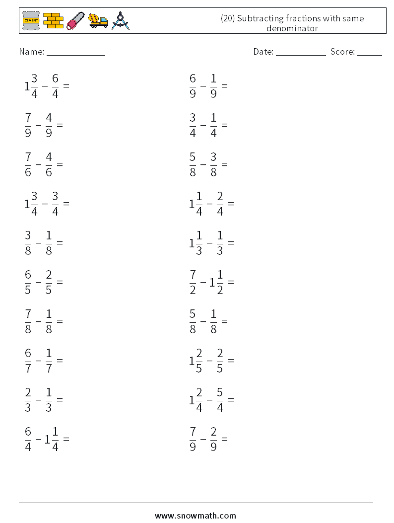 (20) Subtracting fractions with same denominator Maths Worksheets 15
