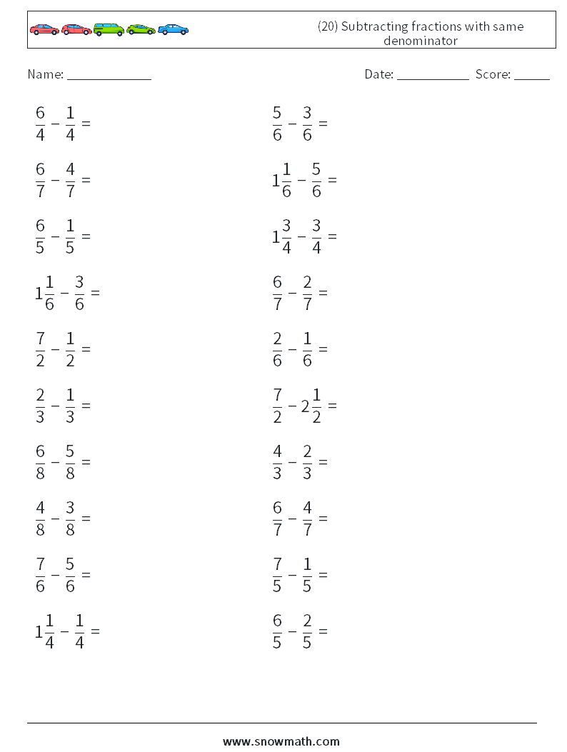 (20) Subtracting fractions with same denominator Math Worksheets 16