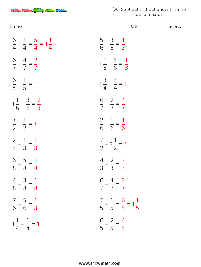 (20) Subtracting fractions with same denominator Math Worksheets 16 Question, Answer