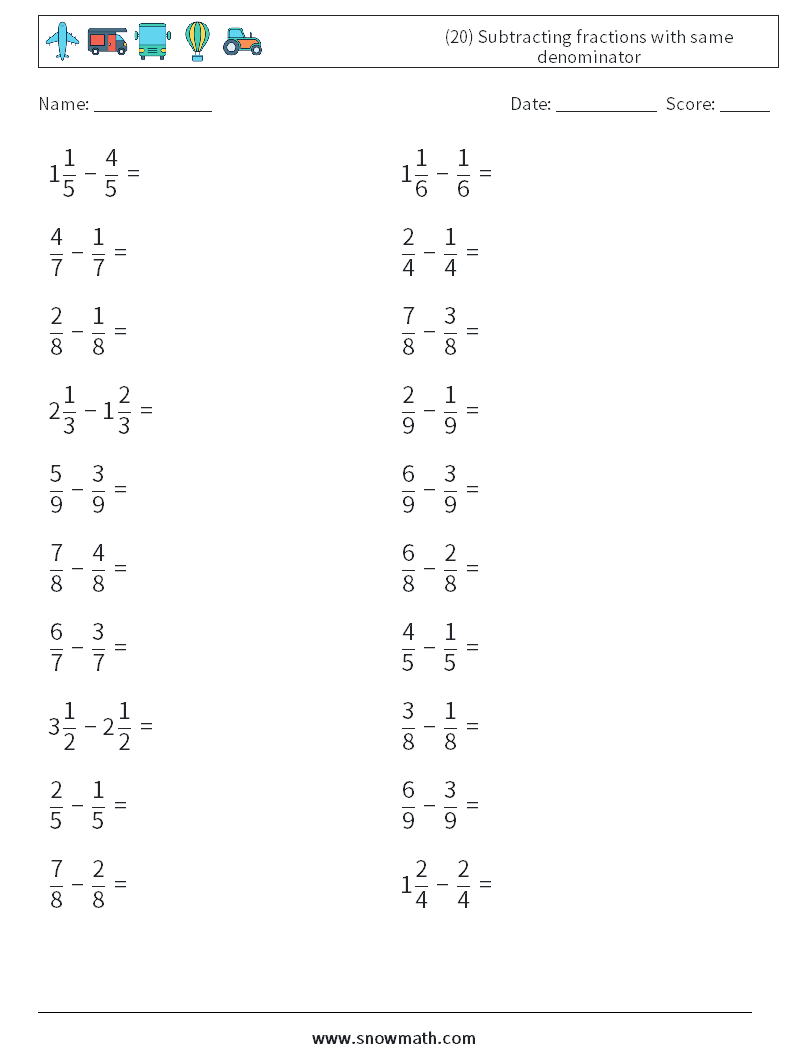(20) Subtracting fractions with same denominator Math Worksheets 17