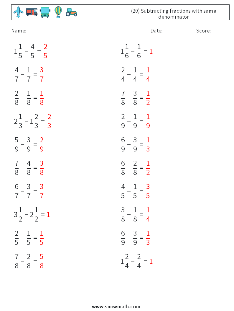 (20) Subtracting fractions with same denominator Math Worksheets 17 Question, Answer