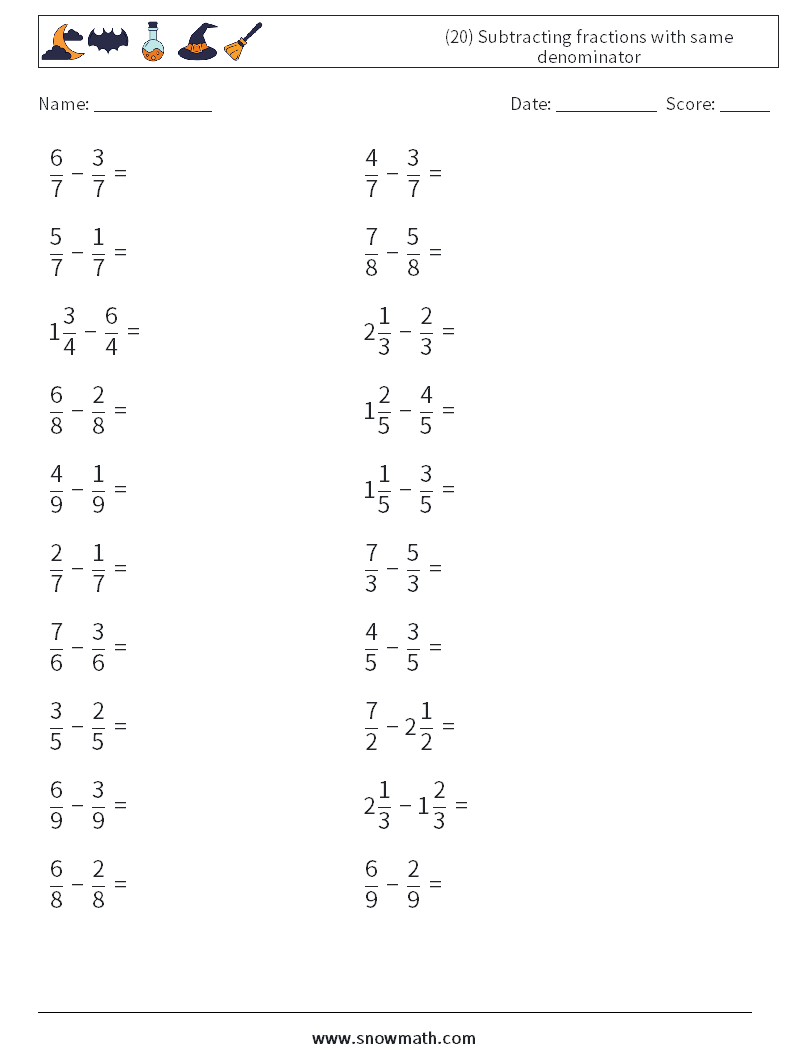 (20) Subtracting fractions with same denominator Maths Worksheets 18