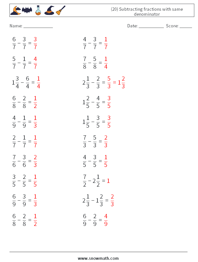 (20) Subtracting fractions with same denominator Math Worksheets 18 Question, Answer