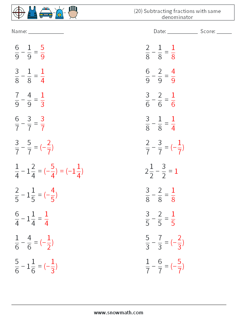 (20) Subtracting fractions with same denominator Math Worksheets 1 Question, Answer