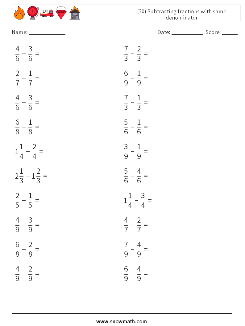 (20) Subtracting fractions with same denominator Maths Worksheets 2